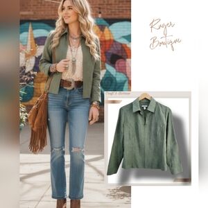 🌿Croft & Barrow Jacket Blazer Women's Petite Medium Olive Green Embroidered